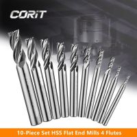 CORIT ชุด 10 ชิ้น HSS End Mill 4Flutes Metal Cutter Square Edge Aluminum Wood Metal Milling Tool Bits Flat