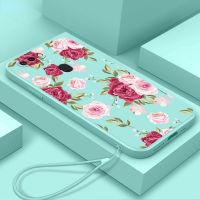 OPPO A16S A16K A55 A54 A74 A94 Reno 2Z 2F Delicate Rose Pattern Liquid TPU Silicone Rubiks Cube Straight Edge Lanyard Phone Case L