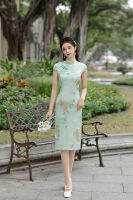 แผนจีนคอจีนเสี้ยวแขนพิมพ์ซาติน Cheongsam สง่างามเข่ายาว Qipao ขนาด M-3XL