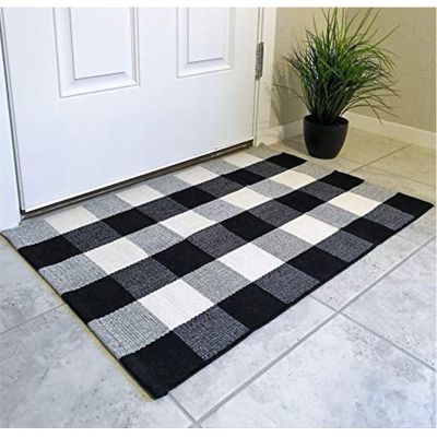 Black White Check Linen Cotton Rugs Plaid Doormat Hand- Car for Living Room Bedroom Kitchen Floor Mat