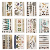 Flash Metallic Waterproof Tattoo Gold Silver Women Fashion Henna /Peacock Feather Design Temporary Tattoo Stick Paster Stickers