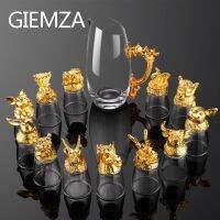 GIEMZA ถ้วยเครื่องกดไวน์แบบอัตโนมัติราศีถ้วยกระสุนชุดหรูหราแก้วเหล้าวัวเสือมังกรงูม้าแกะลิง