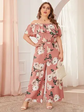 Summer Jumpsuits for Women Trendy Flounce Top Off Shoulder Tropical Print  Wide Leg Romper Pant with Belt Outfit