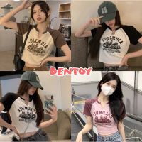 จัดส่งฟรี Bentoy(56333)เสื้อยืด เสื้อครอปไหมพรมแขนสั้น หน้าวี vintage style