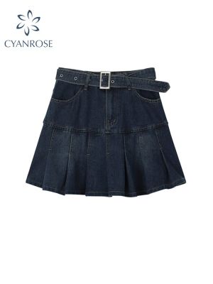 กระโปรงจีบสั้นผ้ายีนส์เอวสูงมีเข็มขัดของผู้หญิง Y2k ฤดูร้อนแฟชั่นย้อนยุค A Line Skirt กระโปรงลำลองเกาหลี