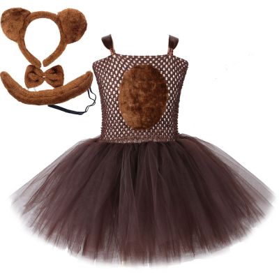 Brown Bear Tutu Dress Outfit for Girls Kids Animal Halloween Cosplay Costumes Children Christmas Birthday Dresses with Headband