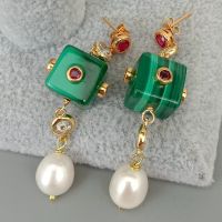 {Han ornaments}YYGEM Cz Pave Chain Natural Green Malachite Cube Cultured White Rice Pearl Stud Earrings