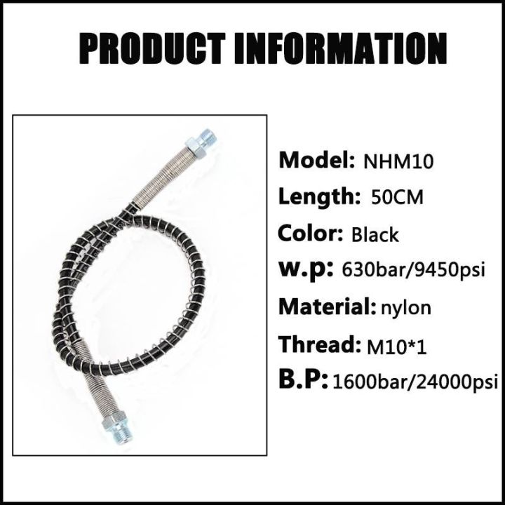 pcp-pneumatics-air-refilling-pump-high-pressure-hose-with-spring-wrapped-50cm-long-m10x1-male-thread-nylon-black-hose