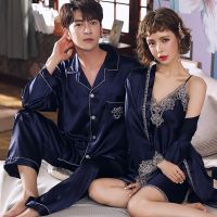 Couple Pajamas Suit Men Women Summer Ice Silk Thin Skirt Robe Spring Long-sleeved Home Clothing Lovers Loungwear Male Female