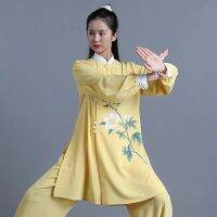 ชุด Tai Chi สำหรับผู้หญิงเสื้อผ้าวูซูกังฟูเครื่องแบบศิลปะการต่อสู้สีเหลือง2022แบบไม่ยับ