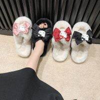 ☋☄✼ Kawaii Sanrio Hello Kitty Cartoon Cute Autumn Bow Open Ended Slippers for Home Girls Plush Slippers Solid Color Slippers