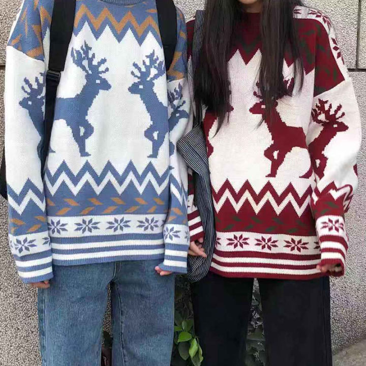 orfilas-elk-พิมพ์เสื้อกันหนาวคริสต์มาส-จัมเปอร์ผู้ชาย-เสื้อถักวินเทจหลวม-ๆ-เวอร์ชั่นเกาหลี-unisex-เสื้อกันหนาวคริสต์มาส-เสื้อกันหนาวฤดูใบไม้ร่วง-ฤดูหนาว-เสื้อสเวตเตอร์การ์ตูน