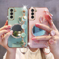 เคสสำหรับ Samsung Galaxy S10 S21 S20 FE S22อัลตร้า S21พลัสเคส5กรัมหูกระต่ายน่ารักกระจกแต่งหน้าผู้หญิงสร้อยข้อมือแฟชั่นชุบเคสนิ่มเคสซิลิโคนกันกระแทกโทรศัพท์ฝาหลัง