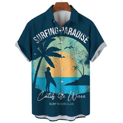 เสื้อฮาราจูกุพิมพ์ลาย3D ต้นมะพร้าวสำหรับผู้ชายแฟชั่นชายหาดที่ฮาวายแขนสั้นโอเวอร์ไซส์