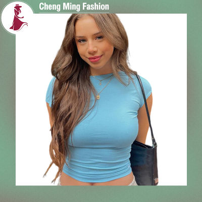 Cheng Ming เสื้อยืดผู้หญิงแขนสั้นแบบสวมหัว,คอกลมสีทึบย้อนยุคเซ็กซี่สำหรับฤดูร้อน