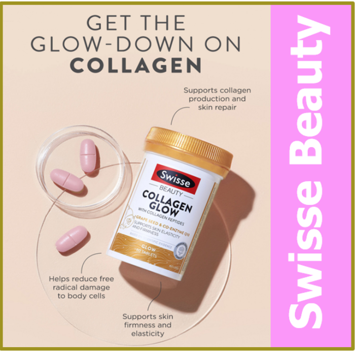 คอลลาเจนเปปไทด์ ,โคเอ็นไซม์ Q10+Swisse Beauty Collagen Glow With Collagen Peptides 60 Tablets