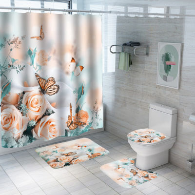 Pink Blue Rose Butterfly Shower Curtain Set Bathroom Bathing Screen Anti-slip Toilet Lid Cover Car Rugs Kitchen Home Decor