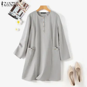 ZANZEA Women Long Sleeve Pocket Tunic Tops Casual Dress 