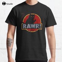 Rawr! เสื้อยืดคอกลมแขนลำลองขาสั้นสไตล์ญี่ปุ่น Jurassic Cat คลาสสิกผ้าฝ้าย100% พิมพ์ลาย