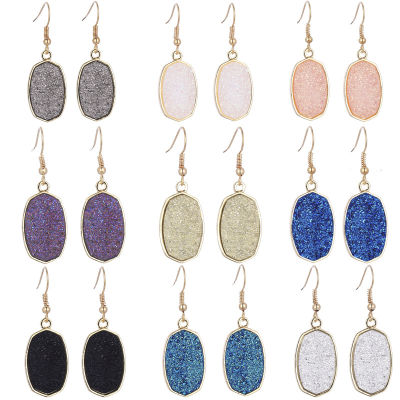 Bohemia Oval Hexagon Resin Druzy Drusy Dangle Earrings Gold Plated Brand Jewelry for Women Gift
