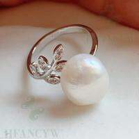 11-12Mm White Baroque Pearl Open Adjustable Leaf Shape Silver Ring Diy Cultured Hand-Made Classic Huge Gorgeous