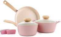 Neoflam Retro 5pc Ceramic Nonstick Cookware Set, PFOA Free Pots and Pans with Integrated Steam Vent Lid knob Prevents Boil Over for Safer Cooking Pink, 5-Piece