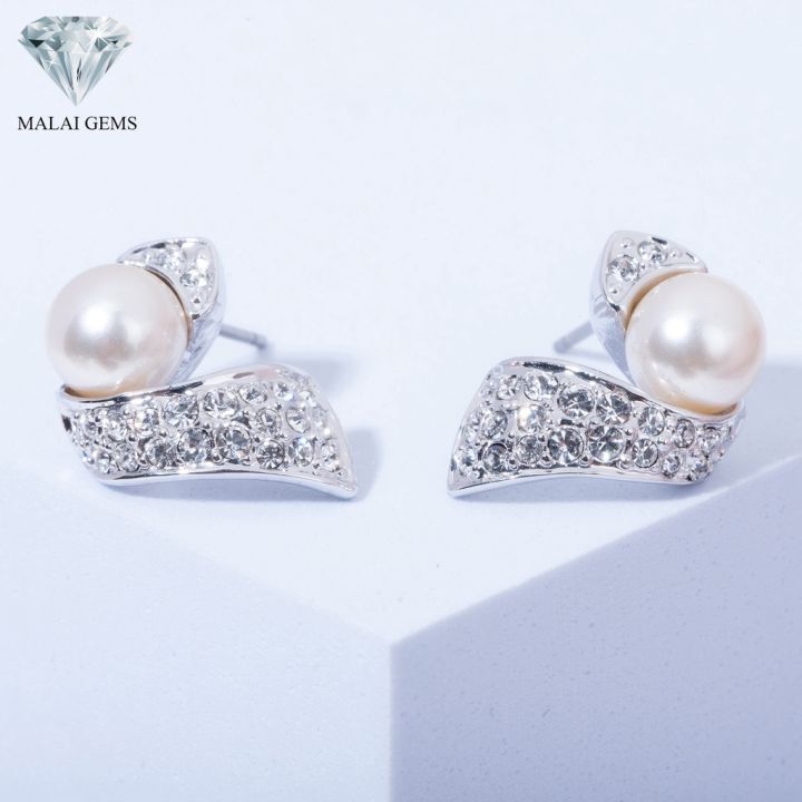 malai-gems-ต่างหูมุก-เงินแท้-silver-925-เพชรสวิส-cz-เคลือบทองคำขาว-รุ่น11004079-แถมกล่อง-ต่างหูเพชร-ต่างหูเงินแท้