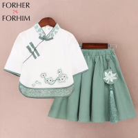 FORHER Forเขาชุด Hanfu  ฤดูร้อนใหม่สไตล์จีนชุดสูท2ชิ้นกระโปรงสไตล์โบราณกระโปรงกี่เพ้าเด็ก FH2676