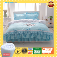 DD bedroom ชุดเครื่องนอนวินเทจ B-004 สีฟ้าพาสเทล-ลูกไม้-โบว์ มีชายกระโปรง 5 ฟุต ผ้าฝ้ายพรีเมียม100% หนานุ่มไม่ขุย แถมไส้นวมนุ่ม เก็บปลายทางได้