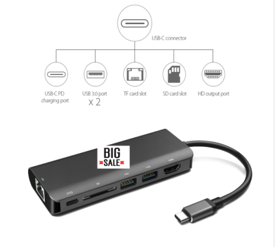 USB C Hub, USB-C Multiport Adapter, 8 in 1 USBC Adapter, 4K HDMI Output, Gigabit Ethernet Port, 3 USB 3.0 Ports, SD/TF Card Slots, USB C Power Drive, Works with MacBook Pro and Other Type C Devices