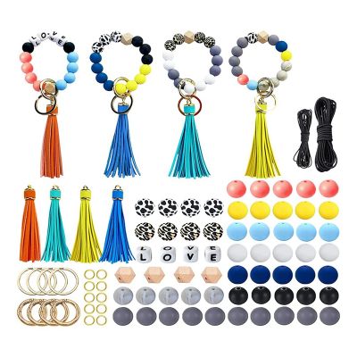 Beaded Making Kit for Bracelet Car Wristlet Keychain, 15Mm Round Beaded Tassel Elastic Key Ring for Women DIY Bracelet