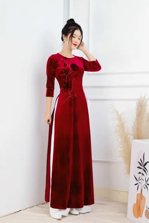 ÁO DÀI NHUNG ĐÍNH HOA SANG TRỌNG, ÁO DÀI TRUYỀN THỐNG | Lazada.vn Áo Dài Nhung Đính Hoa Sang Trọng, Áo Dài Truyền Thống | Lazada.Vn