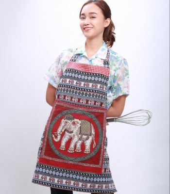 ผ้ากันเปื้อนลายช้างไทย แฟชั่นสวยเก๋ ทำจากผ้าฝ้าย ตัดเย็บประณีต มีกระเป๋าใหญ่พร้อมซิป Thai elephant pattern apron