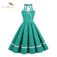 ผู้หญิง Elegant Halter เซ็กซี่ปาร์ตี้จีบชุด pinup Casual VINTAGE Swing 50S R rockabilly ชุดรอบ VD3319