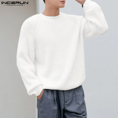 แขนยาวสำหรับผู้ชาย INCERUN เสื้อยืดเสื้อยืดคอกลมอเนกประสงค์สีทึบมินิมอลแบบถักเสื้อสวมหัว (สไตล์เกาหลี)