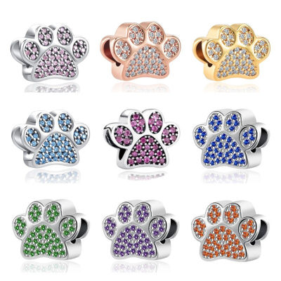 925เงินสเตอร์ลิง Zircon Dog Paw พิมพ์ Charm จี้ Amulet Dangle Fit Original สร้อยข้อมือเครื่องประดับผู้หญิง DIY ลูกปัด