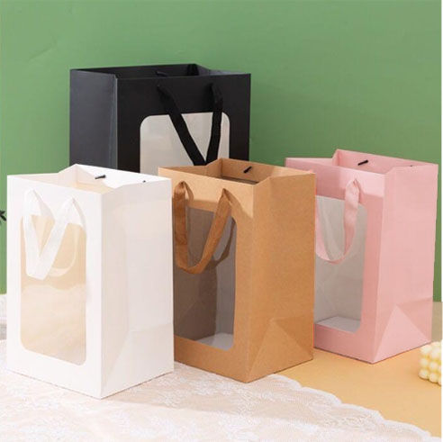 Gift Wrapping Paper Bag With Transparent Window Flowers Packaging