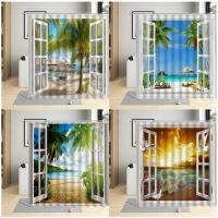 White Window Palm Trees Beach Shower Curtain Hawaiian Vacation Sea Wave Ocean Nature Scenery Bathroom Curtains Sets Decor Hooks