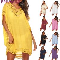 Hot sell FRIVAKER Summer New Solid Colour V-neck Hand Hooked Patchwork Smock Sexy Hollow Loose Beach Smock Short Skirt Dress Cover-ups