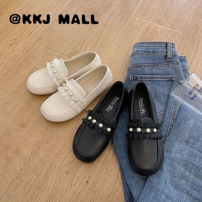 KKJ MALL Small Leather Shoes Womens Spring 2021 New All-match Pearl Single Shoes Womens Casual Flat Leather Shoes