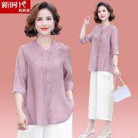 ⊕✗✹ Mom summer short-sleeved top suit style 2022 new 40-year-old 50-year-old middle-aged and elderly womens wide wife linen