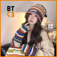 BTC3 สีสันสดใส ถุงน่องหมวกแก็ป การป้องกันความเย็น เส้นใยอะคริลิค หมวกถักนิตติ้ง หวานหวานแหววว อบอุ่นและอบอุ่น หมวกสวมหัว สำหรับผู้หญิง