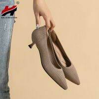 2023 Fashion Pointed Toe Single Shoes Small High Heels Simple Solid Color Knitting Woman Shoes Spring Autumn Latex Insole