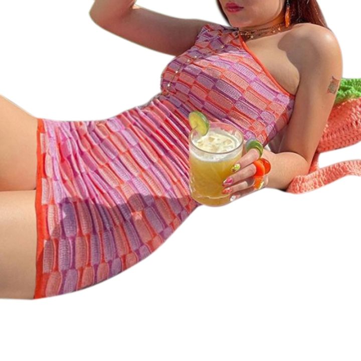 ผู้หญิงฤดูร้อนเซ็กซี่-cutout-หนึ่งไหล่แขนกุด-b-odycon-มินิสำหรับชุดถังฮาราจูกุคมชัดสีลายสก๊อตถัก-clubw