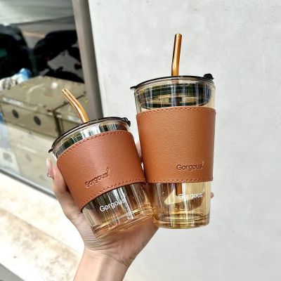hotx【DT】 350ml 450ml Glass With Lid and Leatherwear Mugs Heat-Resistant Cup Beer Drinkware