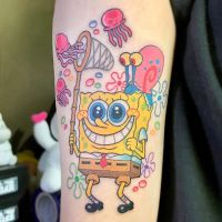 Cartoon Sponge Garold Happy Catching Jellyfish Waterproof Temporary Tattoos Cute Body Art Fake Tatoo Sticker Anime Tatto