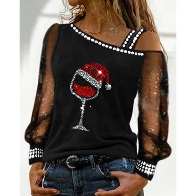 ﹍✉ Wine Glass Print Contrast Mesh Cold Shoulder Tee Top 2022 Sleeve Blouse New T Shirt traf