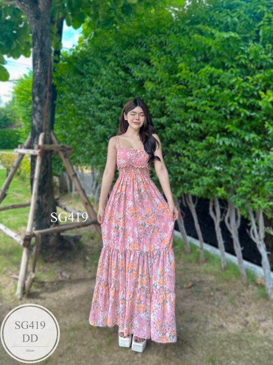 ml419-เดรสยาว-สายเดี่ยว-ปรับสายได้-ใส่ยางสม็อครอบเอว-ผ้าชีฟองเกาหลี-มีซับใน-สวยหวานมากค่ะ-freesize-bust-อก-32-36-waist-เอว-26-30-hip-สะโพก-38-52-length-ยาว-52-มีฟองน้ำ-have-bra-pad-ผ้าชีฟอง-chiffon-fa