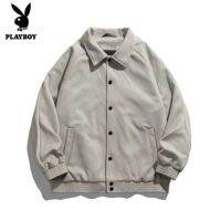 ❧☒◐ Playboy บุคลิกภาพเรียบง่ายสีทึบหนังกลับแจ็คเก็ตฤดูใบไม้ร่วงของผู้ชาย