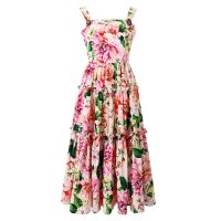 Sicily Runway Beading Petal Buttons Spaghetti Strap Dress Women Floral Printed Beach Dress Female Sundress Long Pleated Dresses